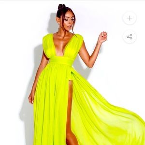 Miss Circle Valley Of Angels Lime Silk Pleated High Slit Maxi Dress